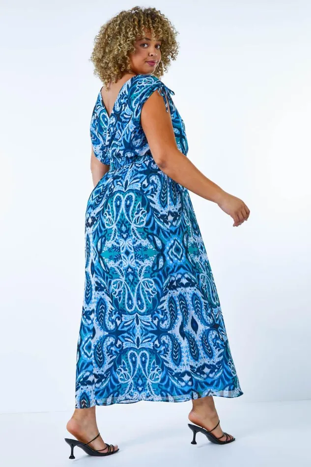 Women Blue Curve Shirred Waist Maxi Dress Roman Dresses