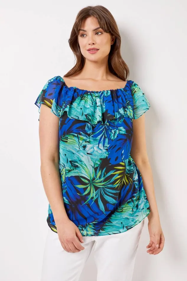 Women Blue Curve Tropical Print Chiffon Bardot Top Roman Tops