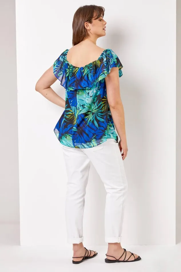Women Blue Curve Tropical Print Chiffon Bardot Top Roman Tops