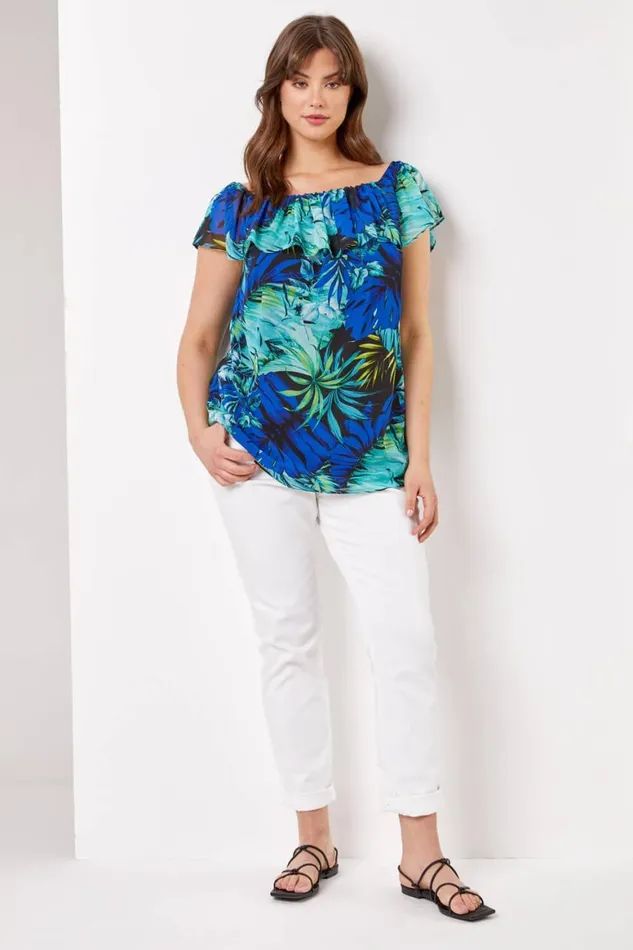 Women Blue Curve Tropical Print Chiffon Bardot Top Roman Tops