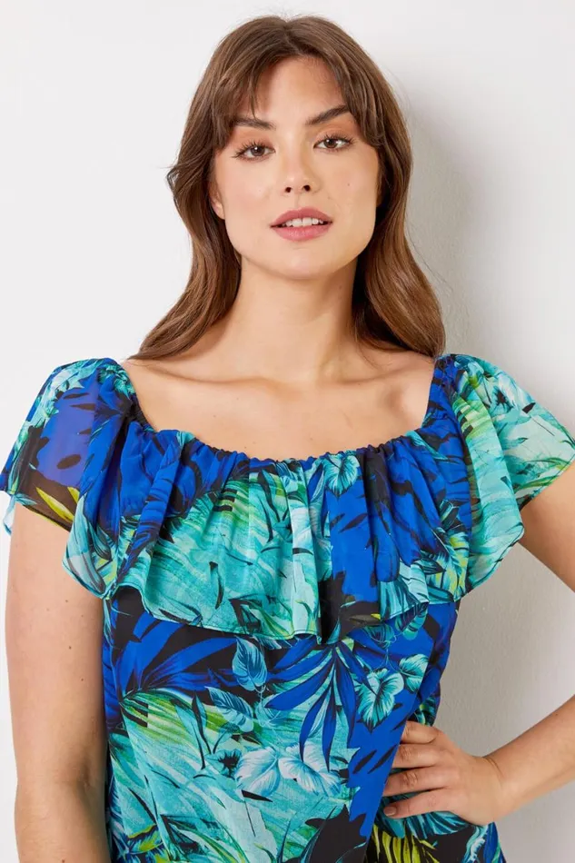 Women Blue Curve Tropical Print Chiffon Bardot Top Roman Tops