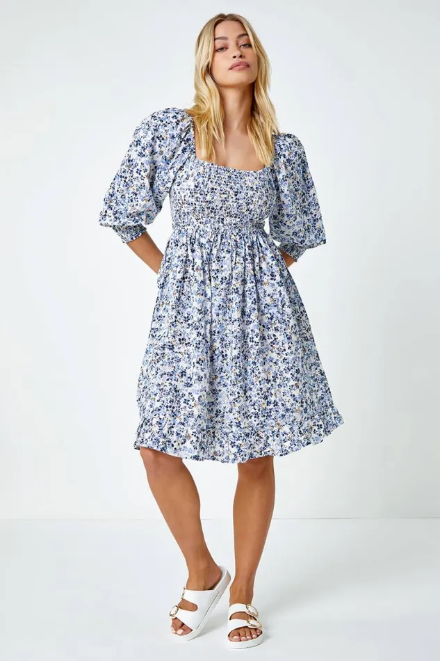 Women Blue Ditsy Floral Shirred Cotton Tea Dress Roman Dresses