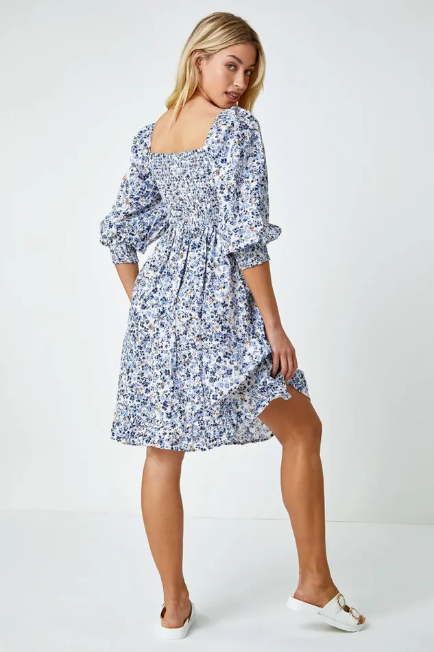 Women Blue Ditsy Floral Shirred Cotton Tea Dress Roman Dresses
