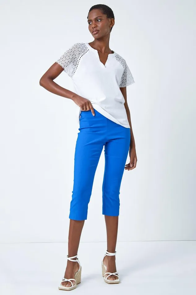 Women Blue Elastic Waist Stretch Cropped Trousers Roman Coords