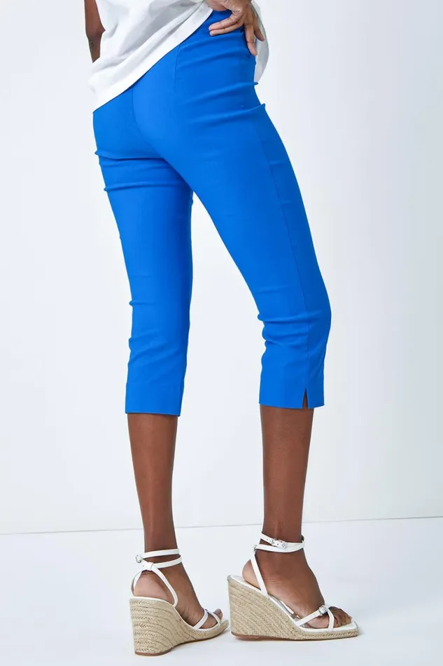 Women Blue Elastic Waist Stretch Cropped Trousers Roman Coords