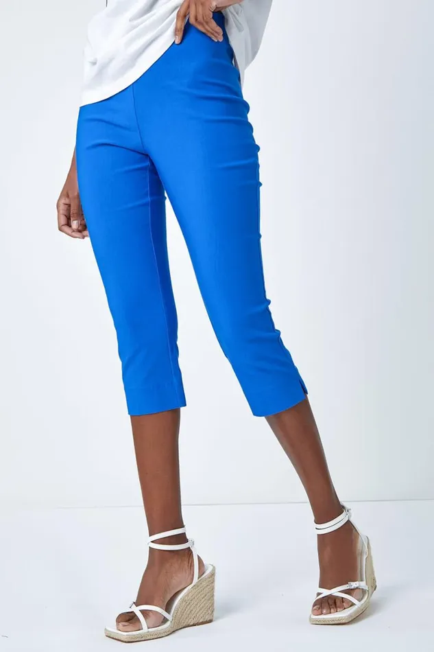 Women Blue Elastic Waist Stretch Cropped Trousers Roman Coords