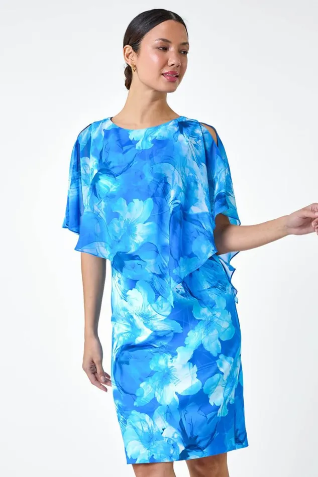 Women Blue Floral Asymmetric Overlay Chiffon Dress Roman Dresses