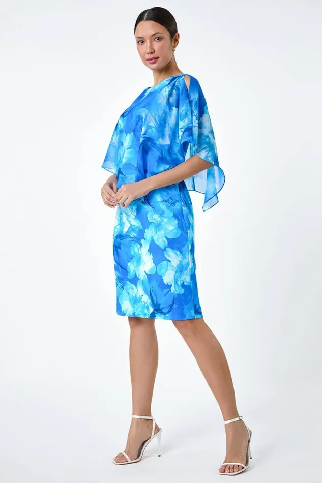 Women Blue Floral Asymmetric Overlay Chiffon Dress Roman Dresses