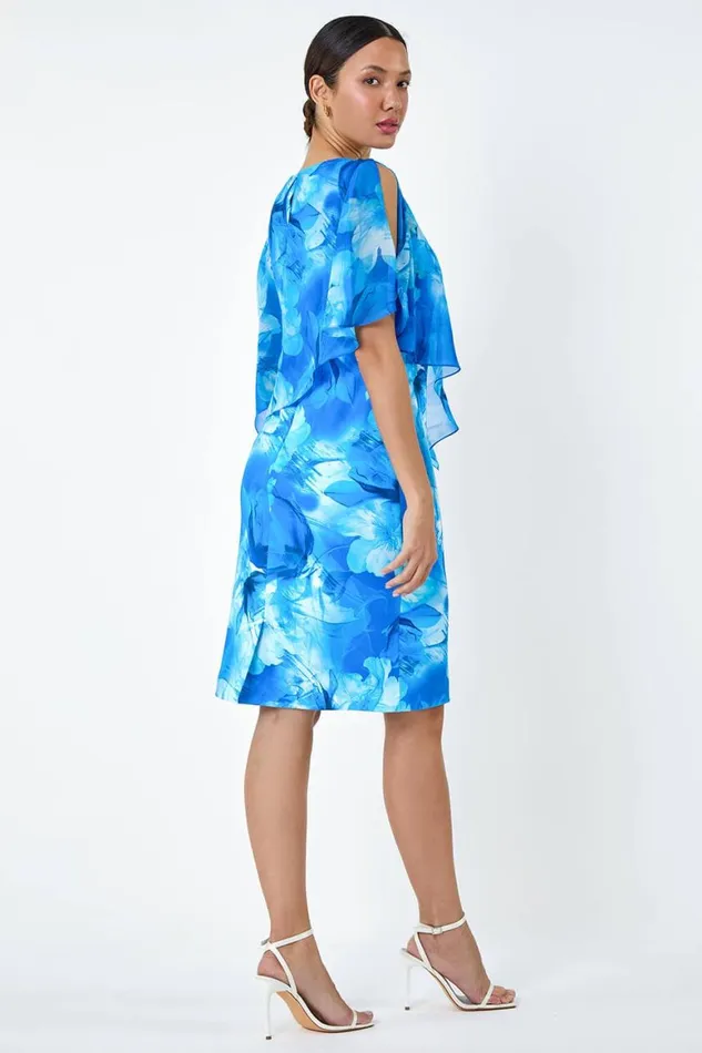 Women Blue Floral Asymmetric Overlay Chiffon Dress Roman Dresses