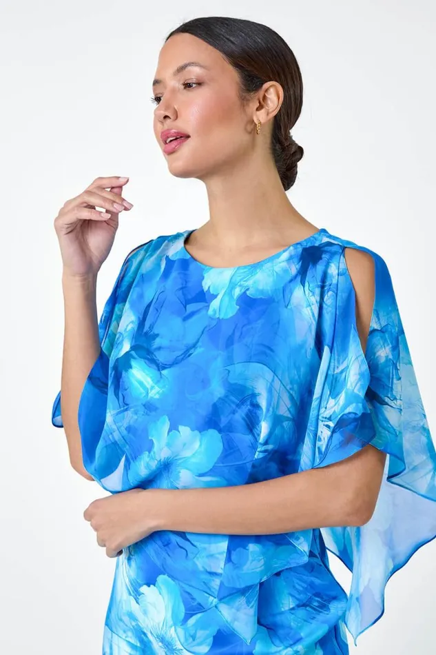 Women Blue Floral Asymmetric Overlay Chiffon Dress Roman Dresses