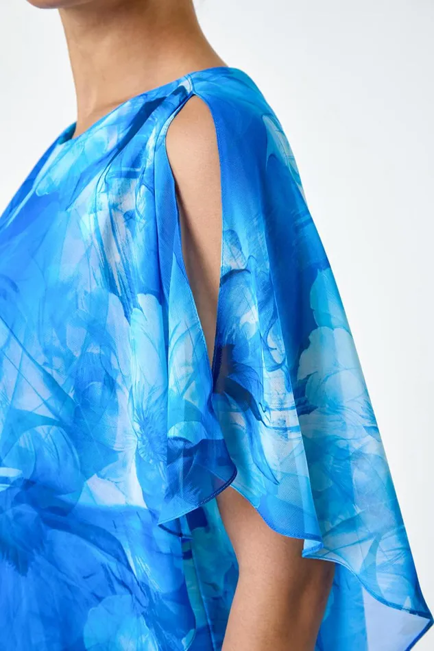 Women Blue Floral Asymmetric Overlay Chiffon Dress Roman Dresses