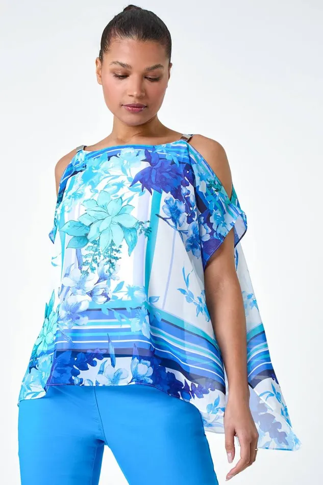 Women Blue Floral Print Cold Shoulder Overlay Top Roman Tops