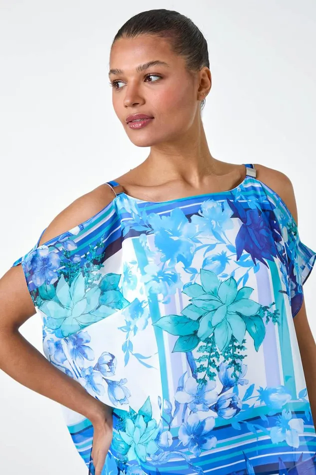 Women Blue Floral Print Cold Shoulder Overlay Top Roman Tops