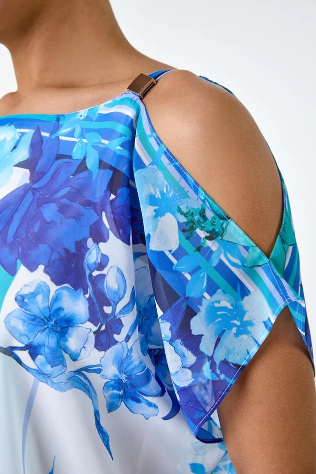 Women Blue Floral Print Cold Shoulder Overlay Top Roman Tops