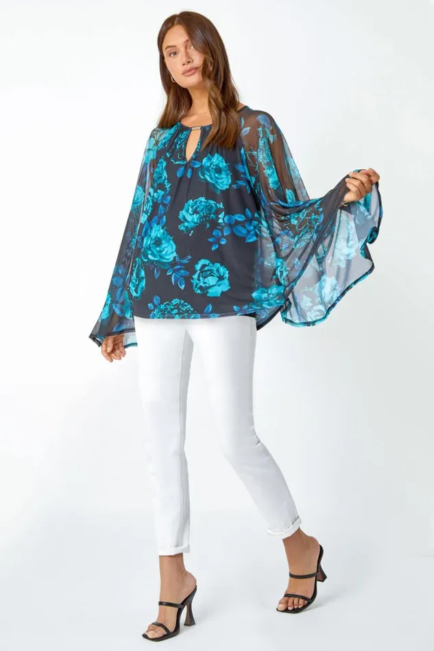 Women Blue Floral Print Mesh Chiffon Stretch Top Roman Tops