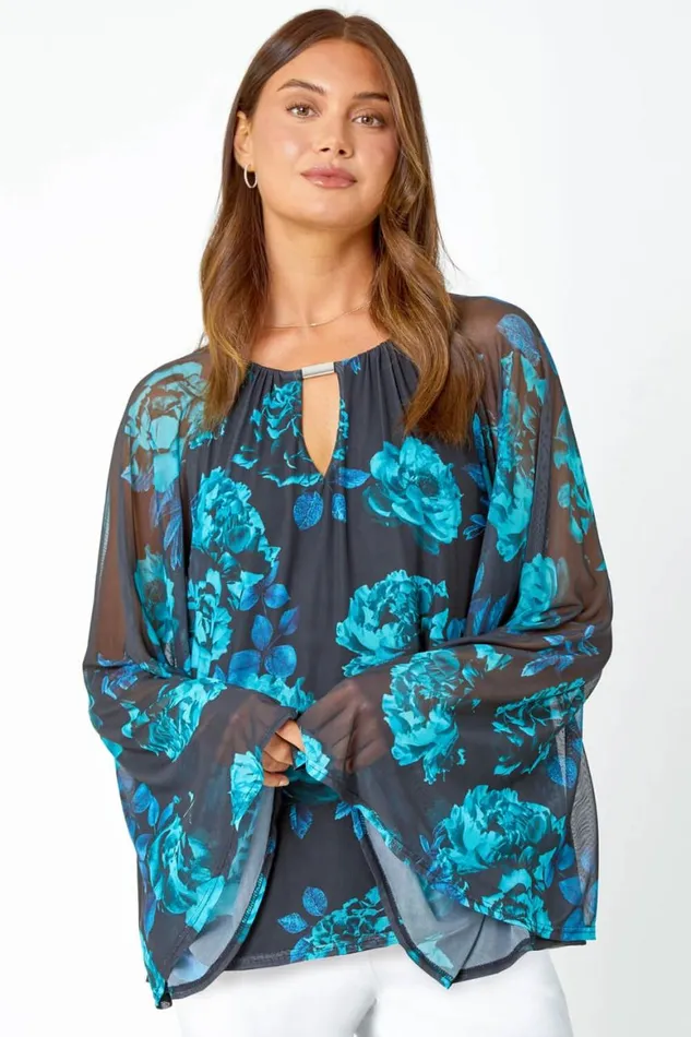 Women Blue Floral Print Mesh Chiffon Stretch Top Roman Tops
