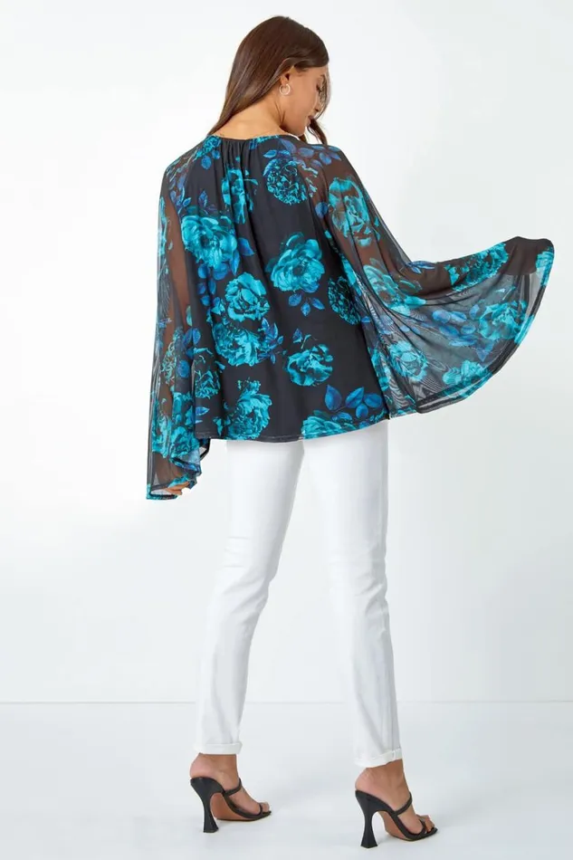 Women Blue Floral Print Mesh Chiffon Stretch Top Roman Tops