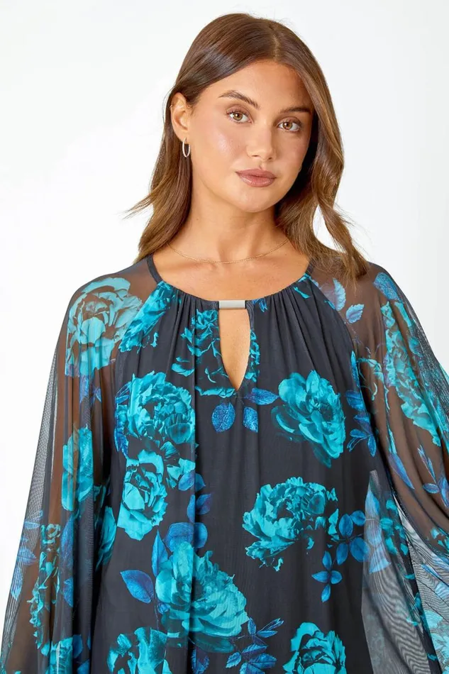 Women Blue Floral Print Mesh Chiffon Stretch Top Roman Tops