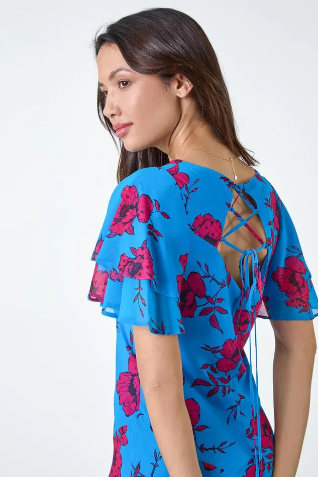Women Blue Floral Tiered Sleeve Chiffon Maxi Dress Roman Dresses