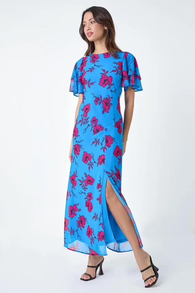 Women Blue Floral Tiered Sleeve Chiffon Maxi Dress Roman Dresses