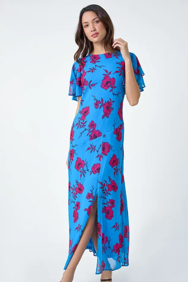 Women Blue Floral Tiered Sleeve Chiffon Maxi Dress Roman Dresses