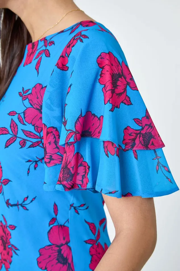 Women Blue Floral Tiered Sleeve Chiffon Maxi Dress Roman Dresses