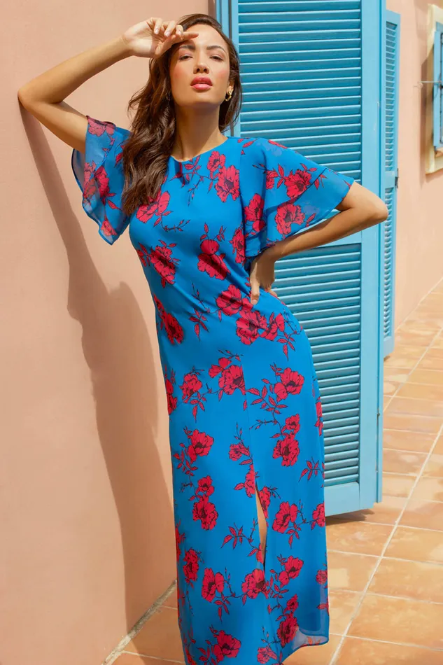 Women Blue Floral Tiered Sleeve Chiffon Maxi Dress Roman Dresses