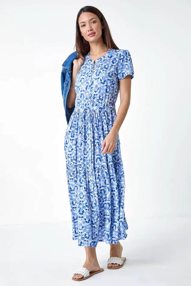 Women Blue Geo Print Button Through Midi Dress Roman Dresses