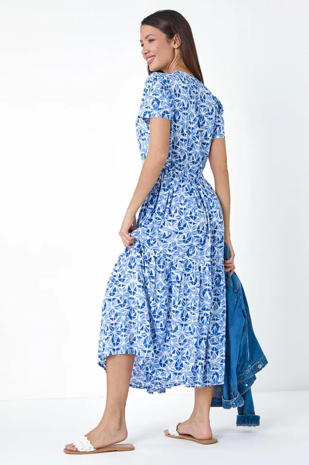 Women Blue Geo Print Button Through Midi Dress Roman Dresses