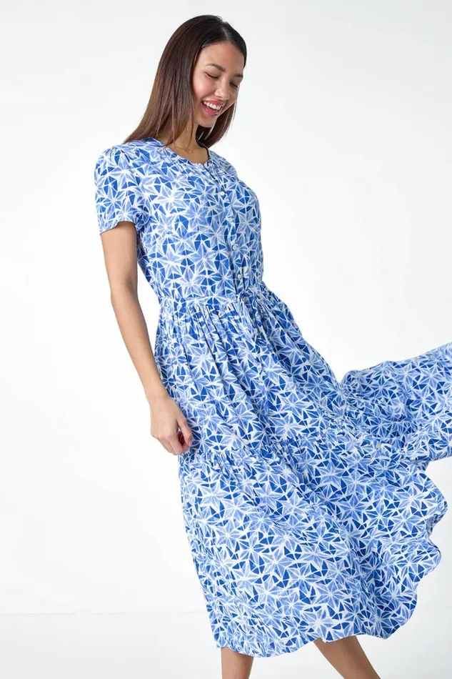 Women Blue Geo Print Button Through Midi Dress Roman Dresses