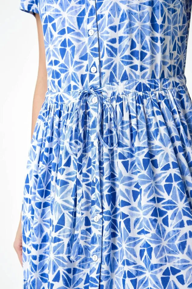 Women Blue Geo Print Button Through Midi Dress Roman Dresses