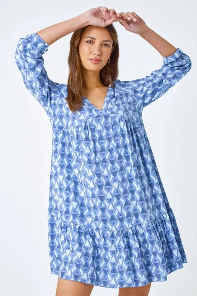 Women Blue Geometric Print Relaxed Smock Dress Roman Dresses