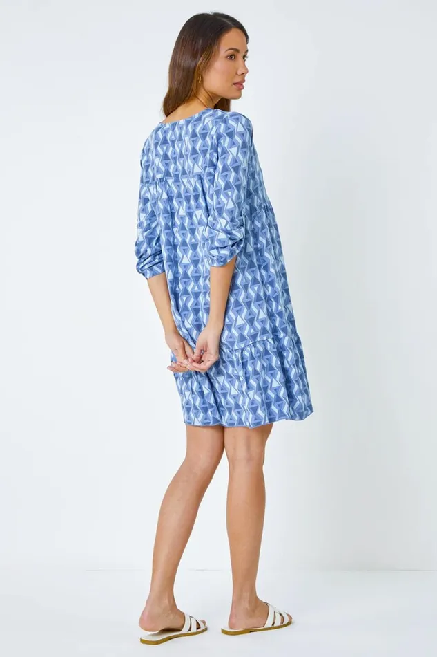Women Blue Geometric Print Relaxed Smock Dress Roman Dresses