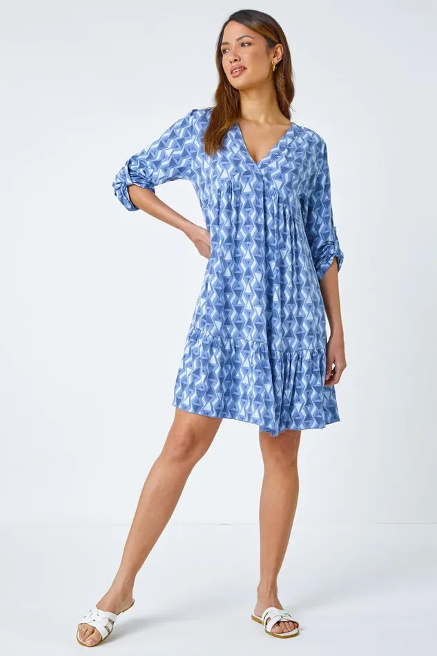 Women Blue Geometric Print Relaxed Smock Dress Roman Dresses