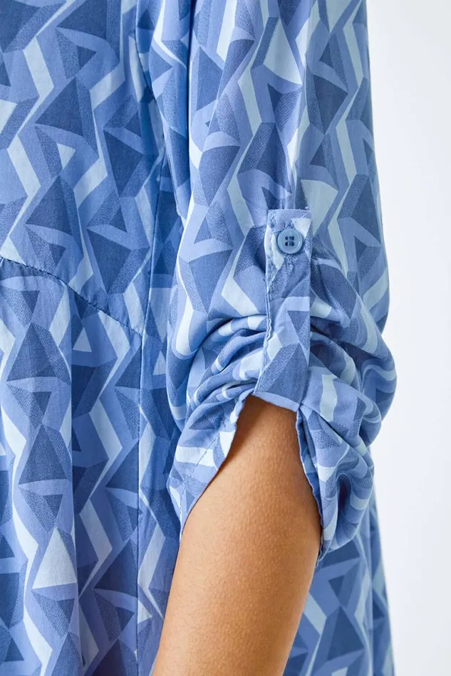 Women Blue Geometric Print Relaxed Smock Dress Roman Dresses
