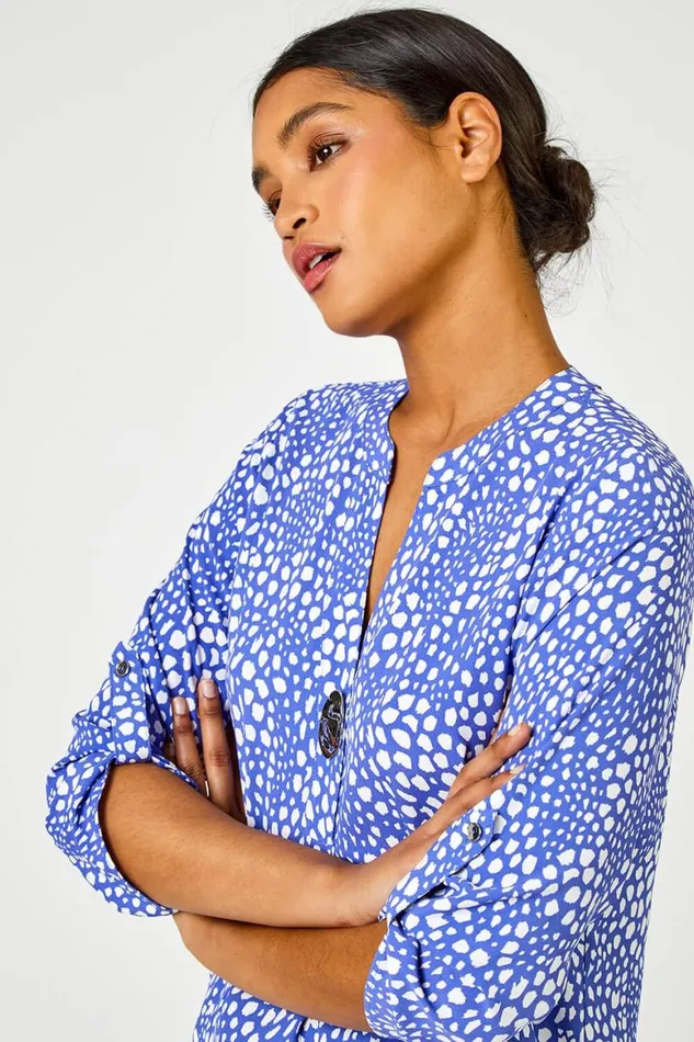 Women Blue Longline Button Detail Abstract Spot Tunic Top Roman Tops