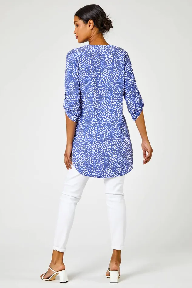 Women Blue Longline Button Detail Abstract Spot Tunic Top Roman Tops