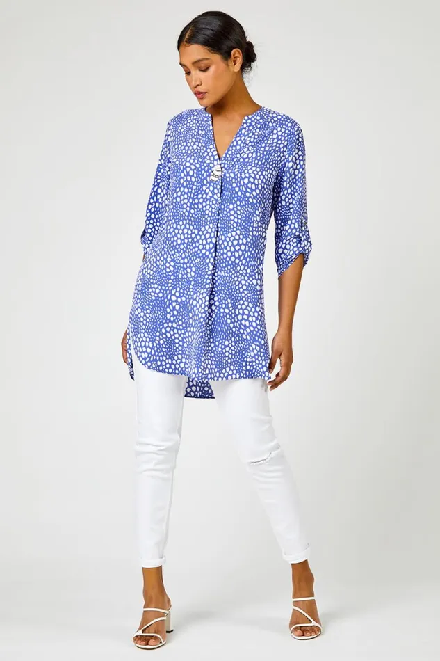 Women Blue Longline Button Detail Abstract Spot Tunic Top Roman Tops