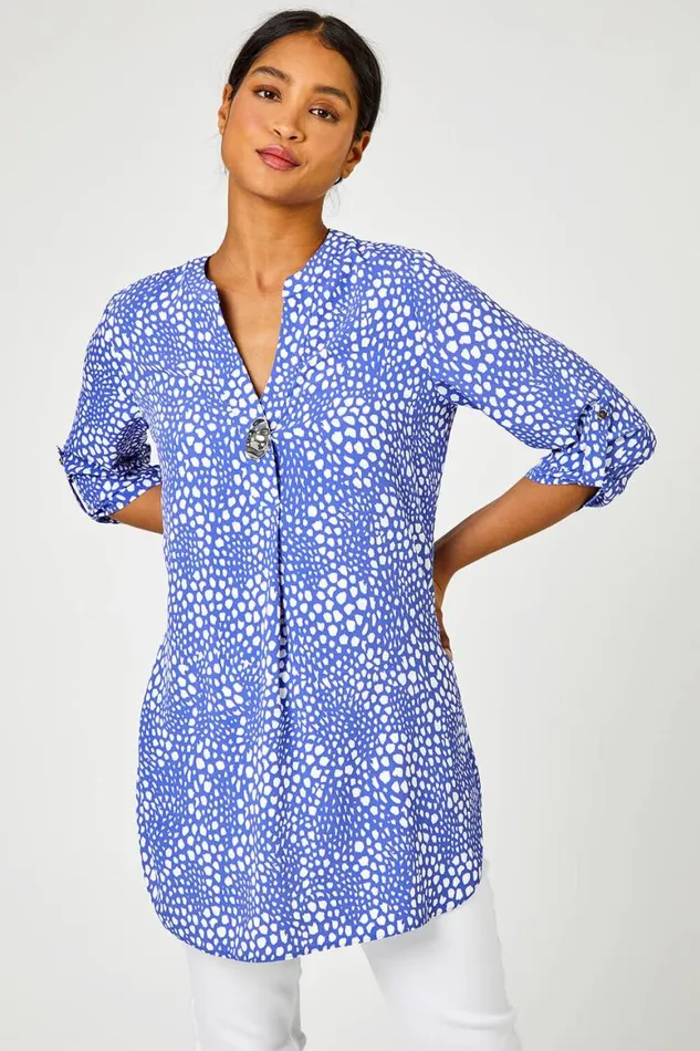 Women Blue Longline Button Detail Abstract Spot Tunic Top Roman Tops