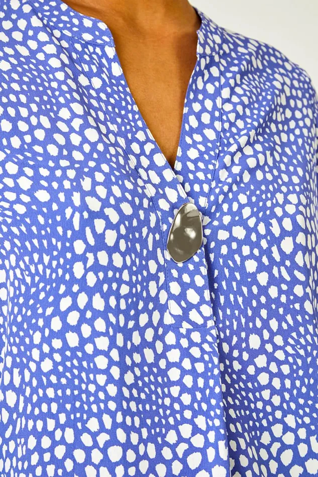 Women Blue Longline Button Detail Abstract Spot Tunic Top Roman Tops