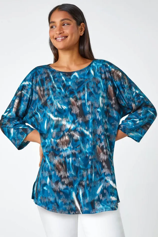 Women Blue Metallic Abstract Print Oversized Tunic TShirt Roman Tops