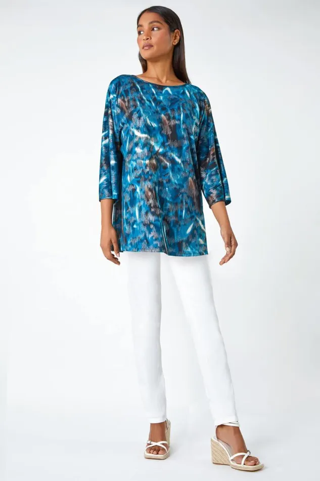 Women Blue Metallic Abstract Print Oversized Tunic TShirt Roman Tops