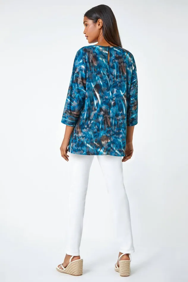 Women Blue Metallic Abstract Print Oversized Tunic TShirt Roman Tops