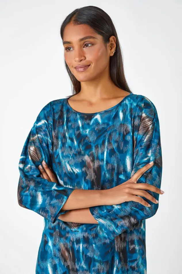 Women Blue Metallic Abstract Print Oversized Tunic TShirt Roman Tops