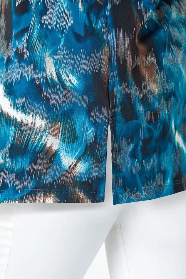 Women Blue Metallic Abstract Print Oversized Tunic TShirt Roman Tops