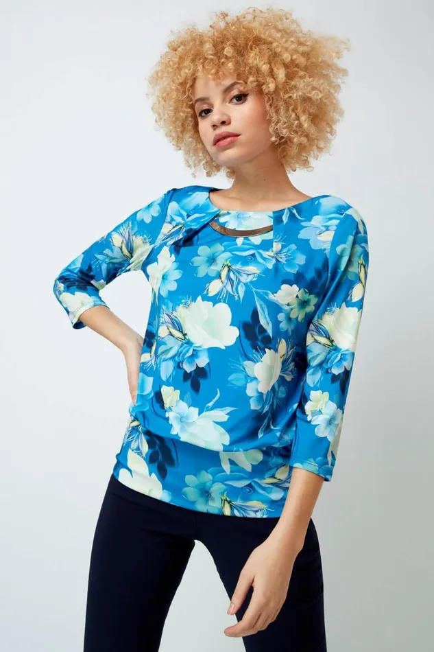 Women Blue Necklace Trim Floral Print Blouson Top Roman Tops