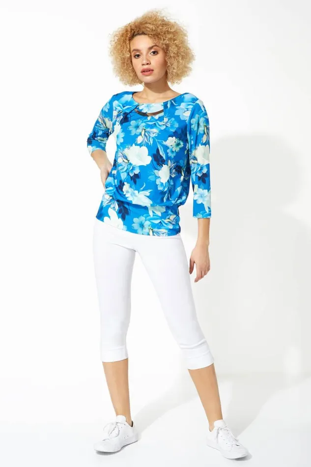 Women Blue Necklace Trim Floral Print Blouson Top Roman Tops