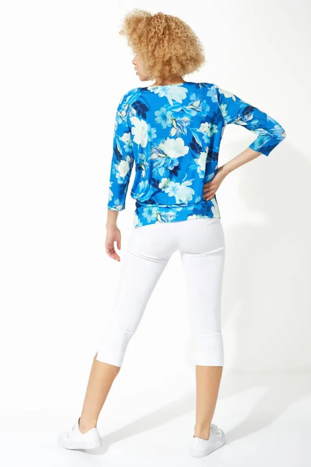 Women Blue Necklace Trim Floral Print Blouson Top Roman Tops