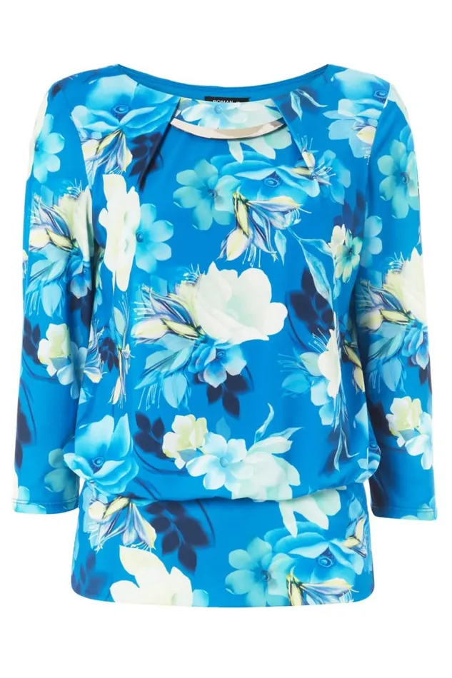 Women Blue Necklace Trim Floral Print Blouson Top Roman Tops