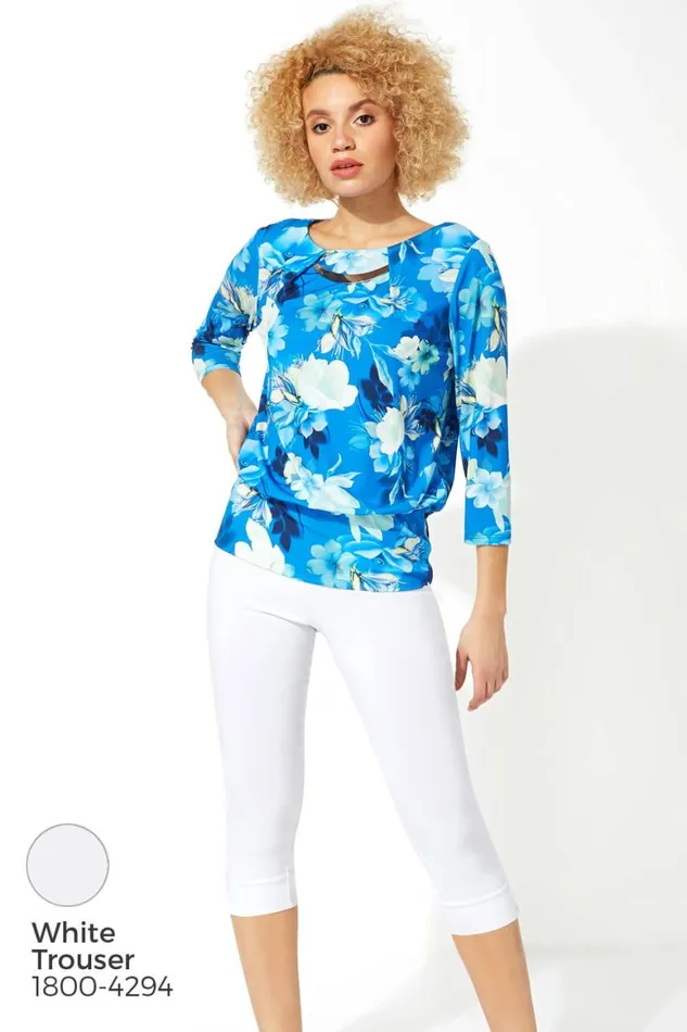 Women Blue Necklace Trim Floral Print Blouson Top Roman Tops
